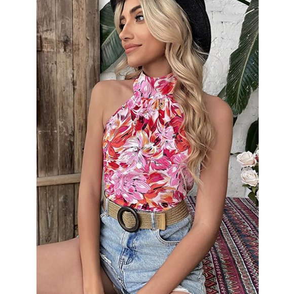 Pink Floral Printed High Neck Halter Sleeveless Keyhole Tank Top Blouse - Picture 3 of 7